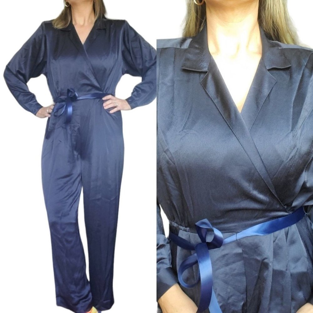 Vintage 80s Navy Blue‎ Satin Pleated Business Tuxedo Jumpsuit Cocktail 6